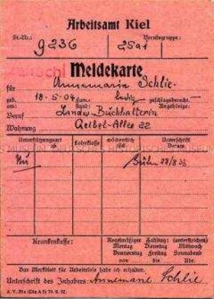 Meldekarte für das Arbeitsamt von Annemarie Schlie