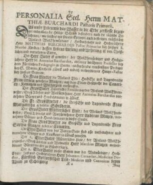 Personalia Seel. Herrn Matthiæ Burchardi Pastoris Primarii.