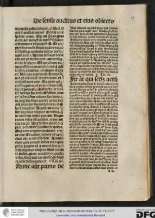 Nunc autem primo de. Istud est tertium capitulum in quo philosophus vult determinare de sensu auditus et eius obiecto quid est sonus...