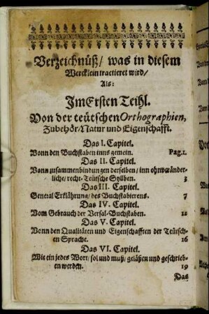 Verzeichnüß/ was in diesem Wercklein tractieret wird.