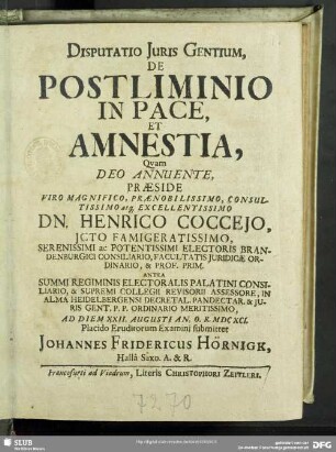 Disputatio Juris Gentium, De Postliminio In Pace, Et Amnestia