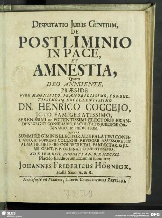 Disputatio Juris Gentium, De Postliminio In Pace, Et Amnestia