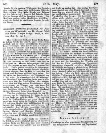 Vorschläge zu einer organischen Gesetzgebung für den europäischen Staatenverein zur Begründung eines dauernden Weltfriedens. Leipzig, bey Gleditsch. 1814. 62 S. in 8.