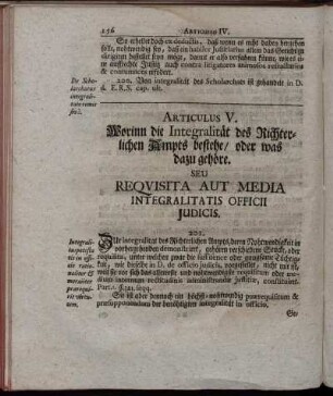 Articulus V. Worinn die Integralität des Richterlichen Ampts bestehe/ oder was dazu gehöre.
