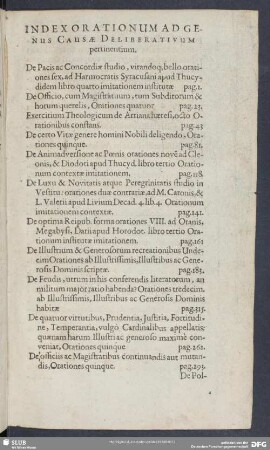 Index Orationum Ad Genus Causae Deliberativum Pertinentium