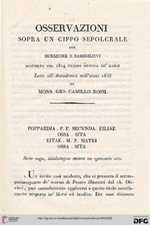3: Osservazioni sopra un cippo sepolcrale con iscrizione e bassirilievi scoverto nel 1814 presso Ortona de' Marsi