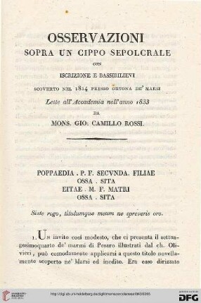 3: Osservazioni sopra un cippo sepolcrale con iscrizione e bassirilievi scoverto nel 1814 presso Ortona de' Marsi