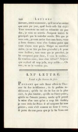 LXIe Lettre. Lundi à six heures du soir.