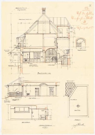 Einfamilienwohnhaus, Berlin-Nikolassee: Querschnitt 1:50; Aufriss der Wände im Speisezimmer 1:50; Grundriss der Wände im Speisezimmer 1:50