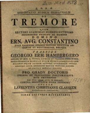 Dissertatio Medica Inavgvralis De Tremore