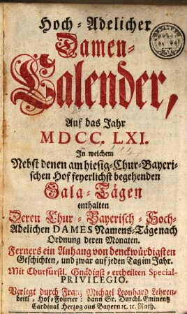 Hochadelicher Damen-Kalender. 1761