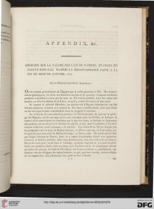 Appendix, &c. Mémoire sur la vallée des Lacs de Natron, et celle du Fleuve sans Eau, d'après öa reconnaissance faite a la fin du mois de Janvier, 1799 [par le Général d'Artillerie Andréossi]