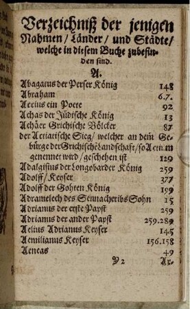 Verzeichniß der jenigen Nahmen/ Länder/ und Städte/ welche in diesem Buche zubefinden sind