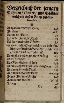 Verzeichniß der jenigen Nahmen/ Länder/ und Städte/ welche in diesem Buche zubefinden sind