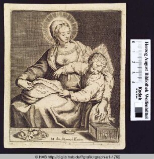 Maria mit dem Jesuskind, an einem Tisch mit Vogelkäfig und Früchten.