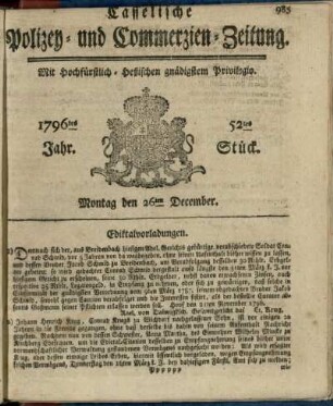 52tes Stueck, Montag den 26ten December 1796