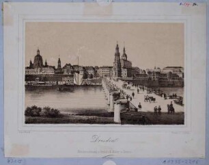 Stadtansicht von Dresden, Blick von Norden über Augustusbrücke und Elbe auf die Altstadt