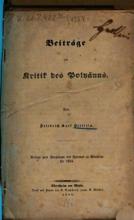 Programm des Grossherzoglichen Lyceums in Wertheim : vom Schuljahre ..., 1854