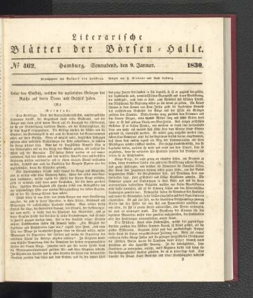 No 462. Hamburg. Sonnabend, den 9. Januar. 1830.