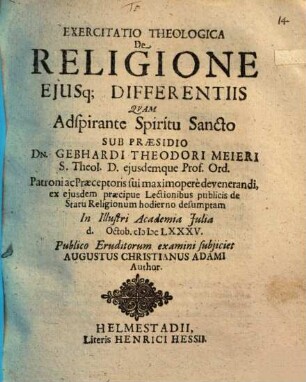 Exercitatio theol. de religione, eiusque differentiis