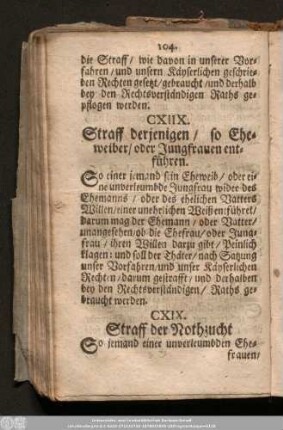 CXIIX. Straff derjenigen/ so Eheweiber/ oder Jungfrauen entführen.