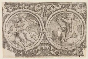 Zwei Cupidoknaben auf Wolken sitzend, in zwei Kreisen mit Ranken auf dunklem Hintergrund