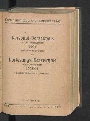 SS 1923/WS 1923/24: Personal-Verzeichnis für das Sommersemester 1923 (abgeschlossen am 20. Juni 1923) und Vorlesungs-Verzeichnis für das Wintersemester 1923/24 (Beginn der Vorlesungen am 1. November)