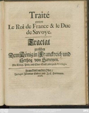 Traité entre Le Roi de France & le Duc de Savoye