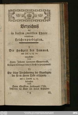 Verzeichniß der in diesem zwölften Theile enthaltenen Leichenpredigten.