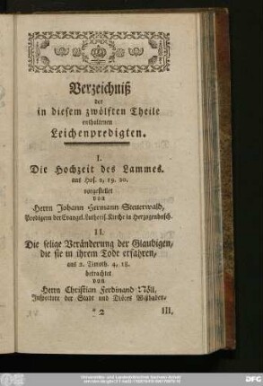 Verzeichniß der in diesem zwölften Theile enthaltenen Leichenpredigten.