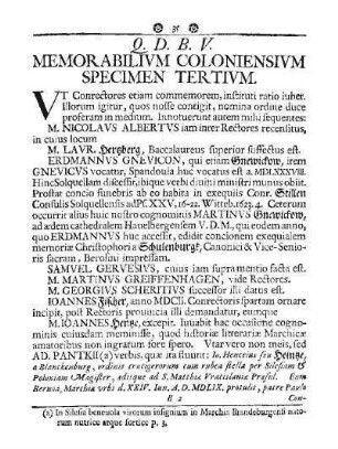 Q. D. B. V. MEMORABILIVM COLONIENSIVM SPECIMEN TERTIVM
