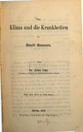 Das Klima und die Krankheiten der Stadt Samara : Nebst einem Plane der Stadt Samara