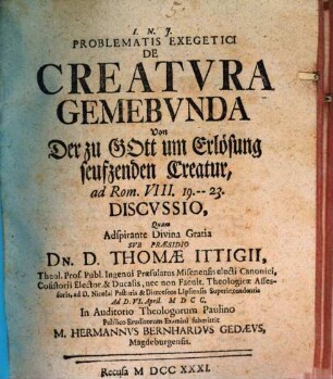 Problematis exeg. de creatura gemebunda : ad Rom. VIII, 19 - 23. discussio