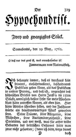 Zwey und zwanzigstes Stück. Sonnabends, den 29 May, 1762.