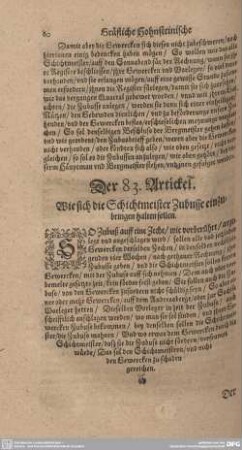 Der 83. Artickel. Wie sich die Schichtmeister Zubusse einzubringen halten sollen.