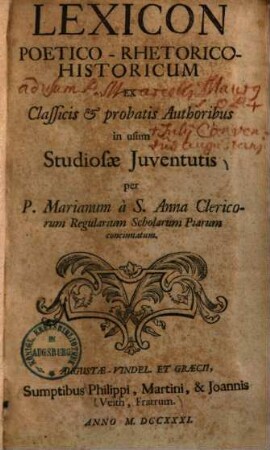 Lexicon Poetico-Rhetorico-Historicum : Ex Classicis & probatis Authoribus in usum Studiosae Juventutis