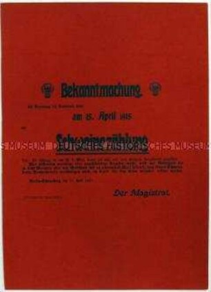 Bekanntmachung des Magistrats von Berlin über eine Schweinezählung am 15. April 1915