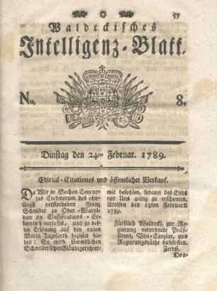 No. 8, Dinstag den 24ten Februar 1789