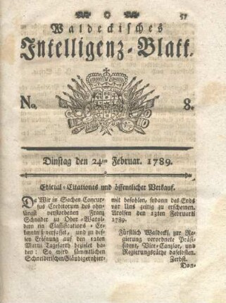 No. 8, Dinstag den 24ten Februar 1789