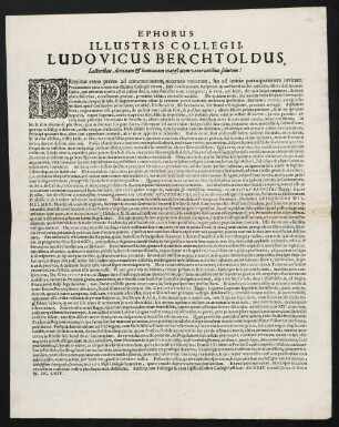 Ephorus Illustris Collegii, Ludovicus Berchtoldus, Lectoribus, divinam & humanam majestatem venerantibus, salutem!