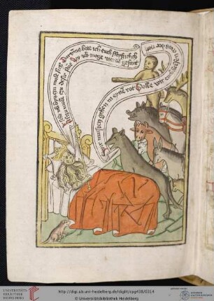 'Geschundener Wolf' (Fabel vom kranken Löwen), Reimpaarfabel (Reineke Fuchs; Blockbuch)