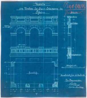 Wohnhaus Ostermann, Rheine Umbau: Detail der Fassade, Aufriss, Grundriss und Schnitt 1:25
