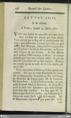 Lettre CXLVI. A la même. A Paris, Lundi 13. Juin, 1672
