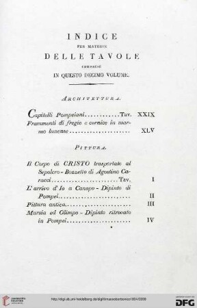 Indice per materie delle tavole compreso in questo decimo volume