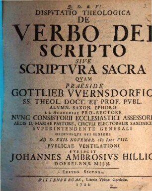 Disp. theol. de verbo Dei scripto, s. Scriptura sacra