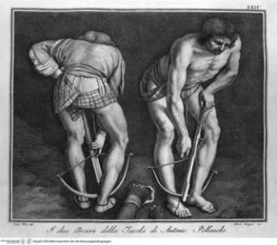 L'Etruria pittrice ovvero Storia della pittura toscana dedotta dai suoi monumenti che si esibiscono in stampa dal secolo X fino al presente / Marco Lastri. Traduttore in francese, Giuseppe Villette Firenze : Pagni & Bardi, 1791 - 1795. - 1 - 2 ; 2°Die Marter des Heiligen Sebastian: die beiden Bogenschützen (tav.XXIV aus M.Lastri, "L'Etruria Pittrice ovvero Storia della Pittura Toscana", T.I Firenze 1791) - L'Etruria pittrice ... Band 1.