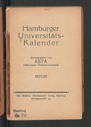 Wintersemester 1925/26: Hamburger Universitäts-Kalender