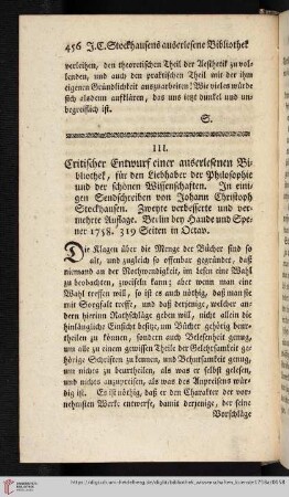 4: [Rezension von: Johann Christoph Stockhausen, Critischer Entwurf einer auserlesenen Bibliothek, für den Liebhaber der Philosophie und der schönen Wissenschaften. Zweyte verbesserte und vermehrte Auflage. Berlin, 1758 ]