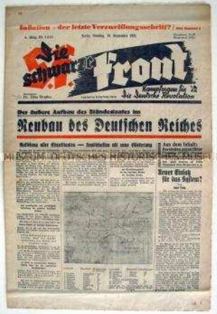 Wochenzeitung der NSDAP-Opposition "Die schwarze Front" zur beabsichtigten Neugliederung des Deutsches Reiches durch die Nationalsozialisten und zur Opposition gegen Hitler innerhalb der NSDAP