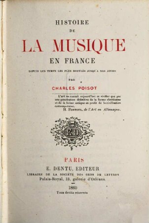 Histoire de la musique en France depuis les temps les plus reculés jusqu'à nos jours